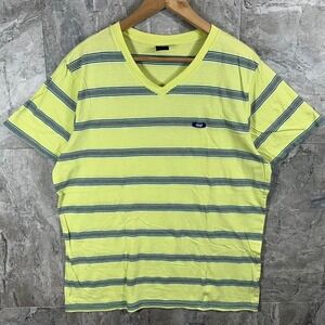 Vintage 90s Y2K Oakley embroidered yellow striped V-neck t-shirt Mens Size XL